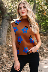 Chestnut Floral High Neck Sweater Vest