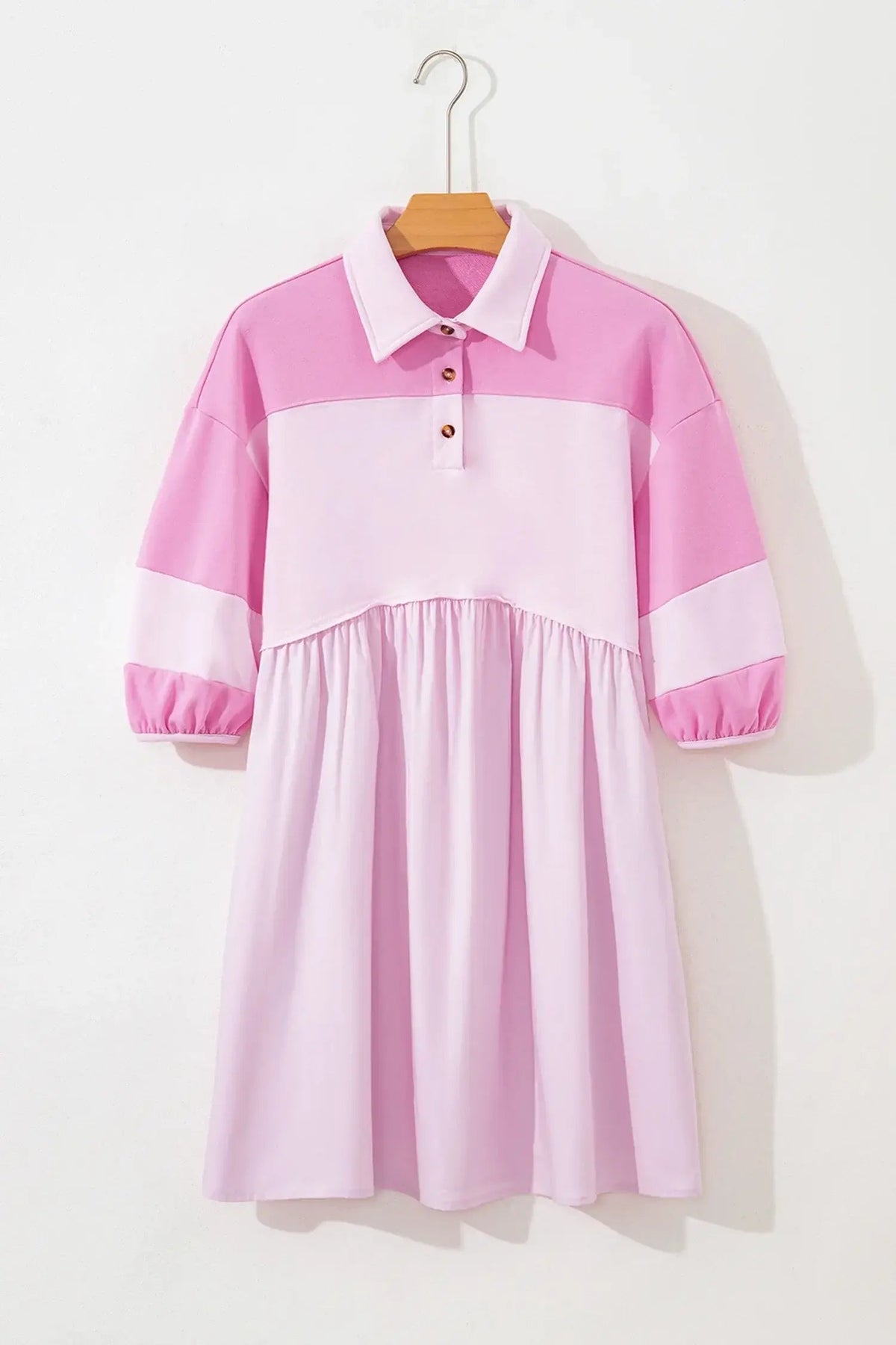 Pink Raw Seam Color Block Patchwork Button Polo Collar Mini Dress