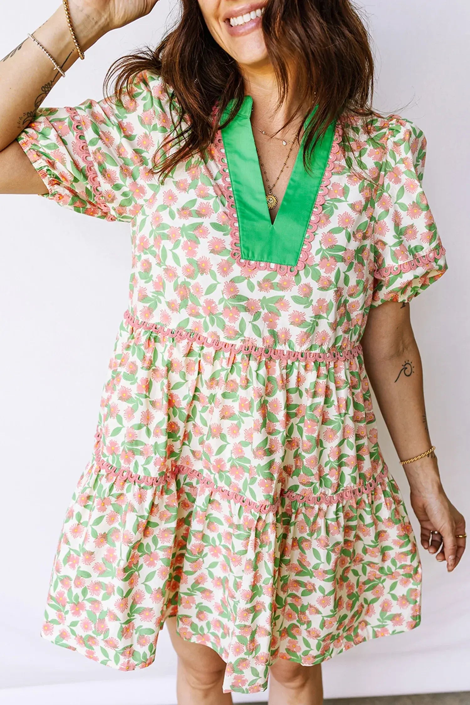 Green Contrast Neckline Ricrac Trim Floral Short Puff Sleeve Dress