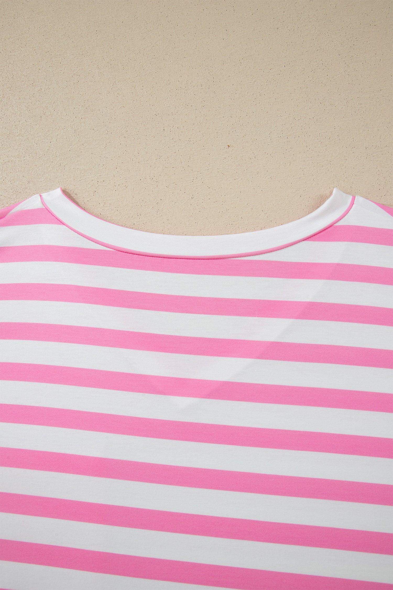 Pink Stripe Colorblock Patched Pocket V Neck Plus Size Tee