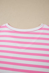 Pink Stripe Colorblock Patched Pocket V Neck Plus Size Tee