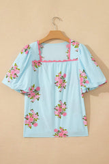Sky Blue Floral Printed Contrast Ricrac Detail Bubble Sleeve Blouse