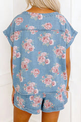 Sky Blue Floral Denim Short Sleeve Top Loose Shorts 2pcs Set