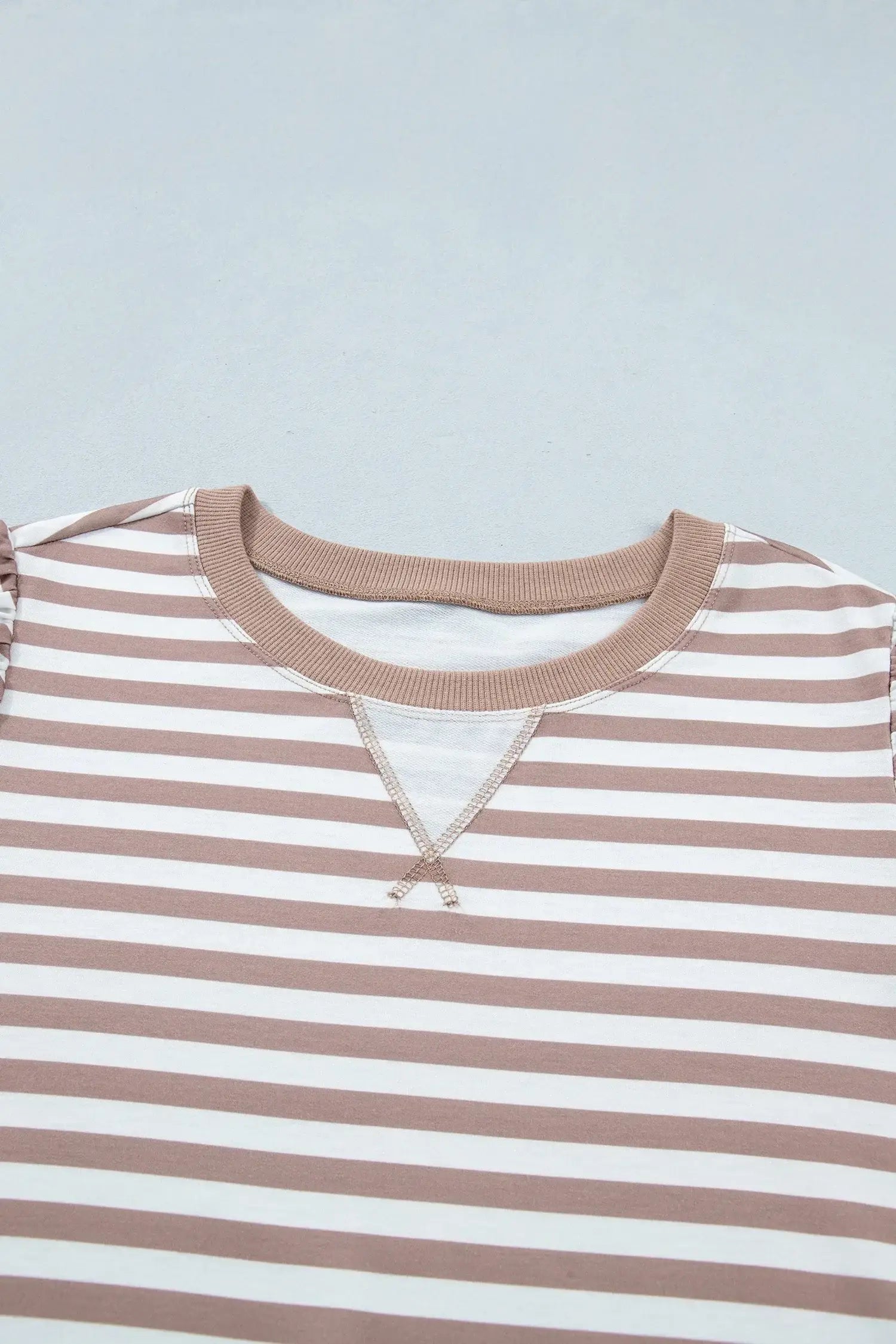 Orange Stripe Ribbed Trim Round Neck Short Puff Sleeve Plus T Shirt