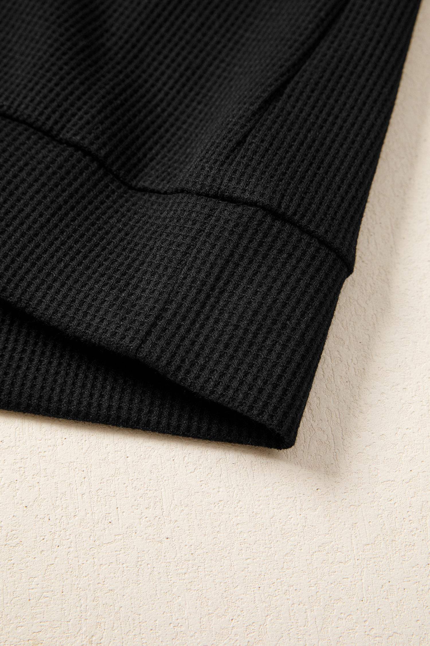 Black Waffle Knit Denim Color Block Patchwork Button Flap Polo Top