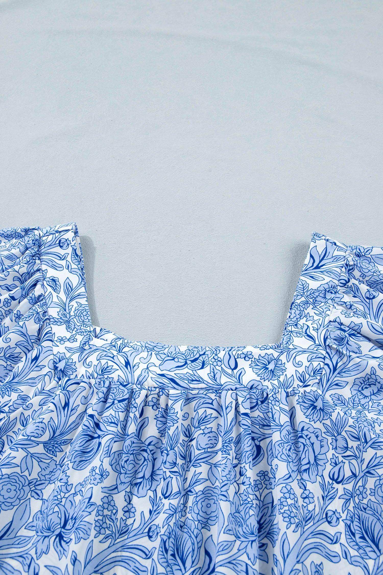 Sky Blue Square Neck Short Puff Sleeve Pleated Floral Blouse