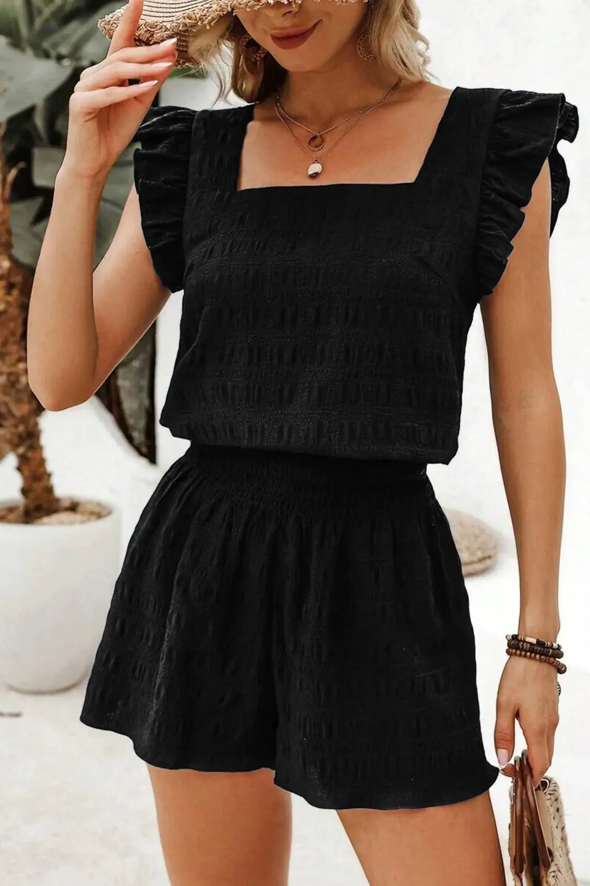 Black Textured Square Neck Top and Shirred High Waist Shorts Set