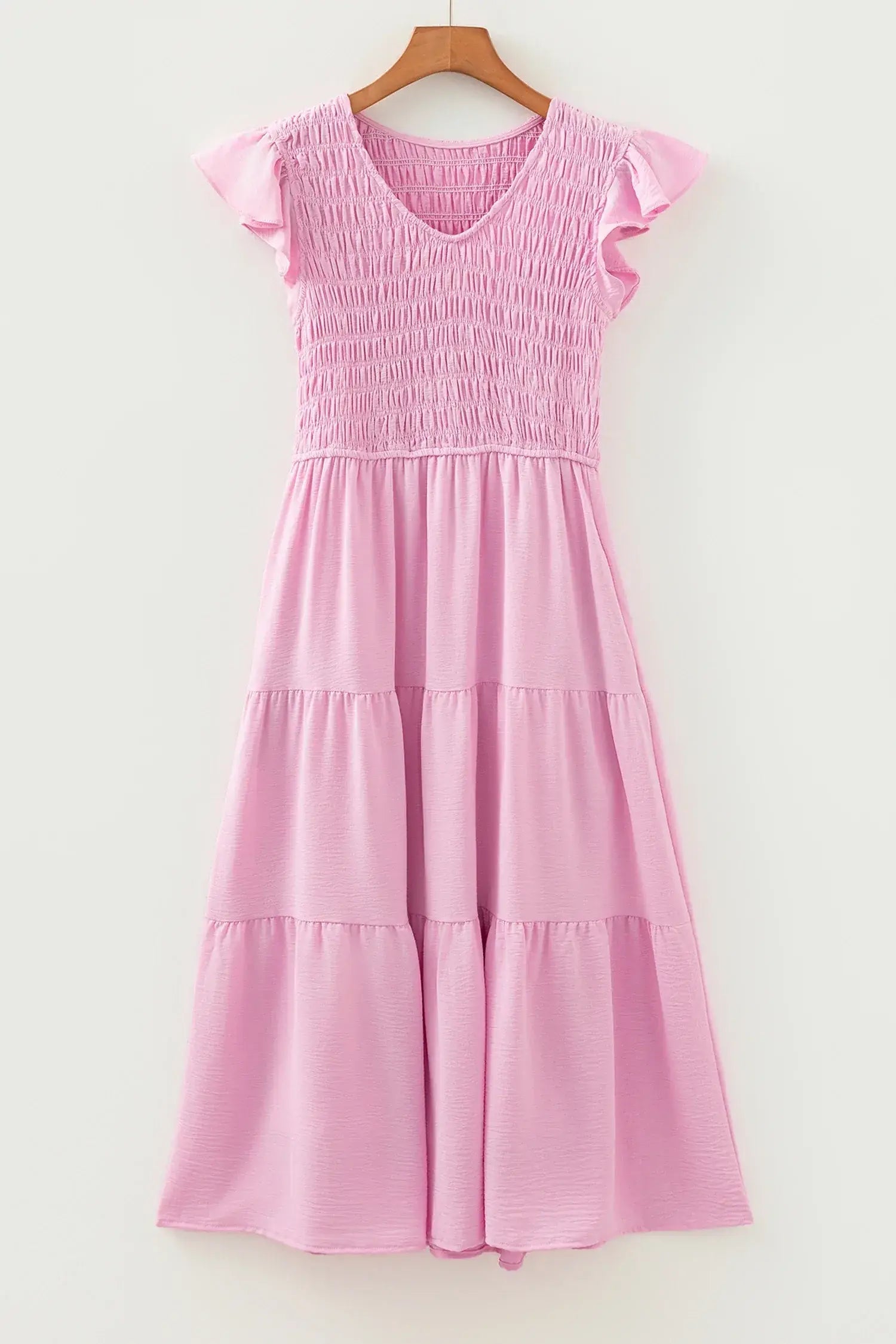 Pink Smocked Bodice Flutter Sleeve Fit Flare Tiered Midi Dress