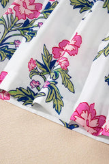 White Floral Colorblock Stripe Knot Bubble Sleeve V Neck Blouse