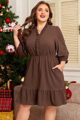 Coffee Plus Size Frilled Trim V Neck Puff Sleeve Textured Mini Dress
