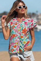 Sky Blue Floral Print Split Neck Button Front Flutter Sleeve Blouse