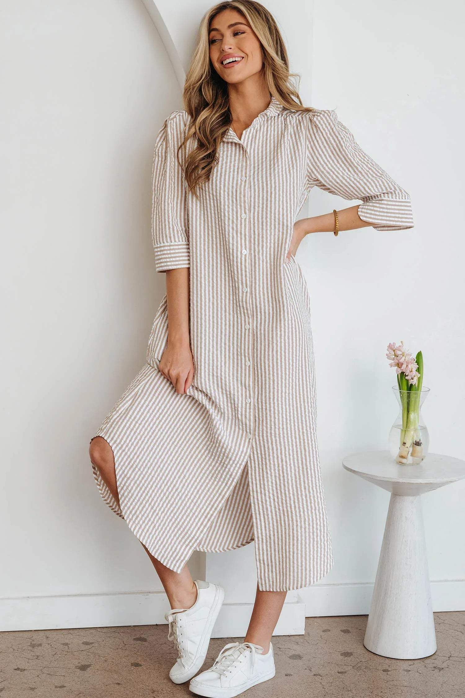 Khaki Stripe Frilled Collar Half Sleeve Shirt Maxi Dress