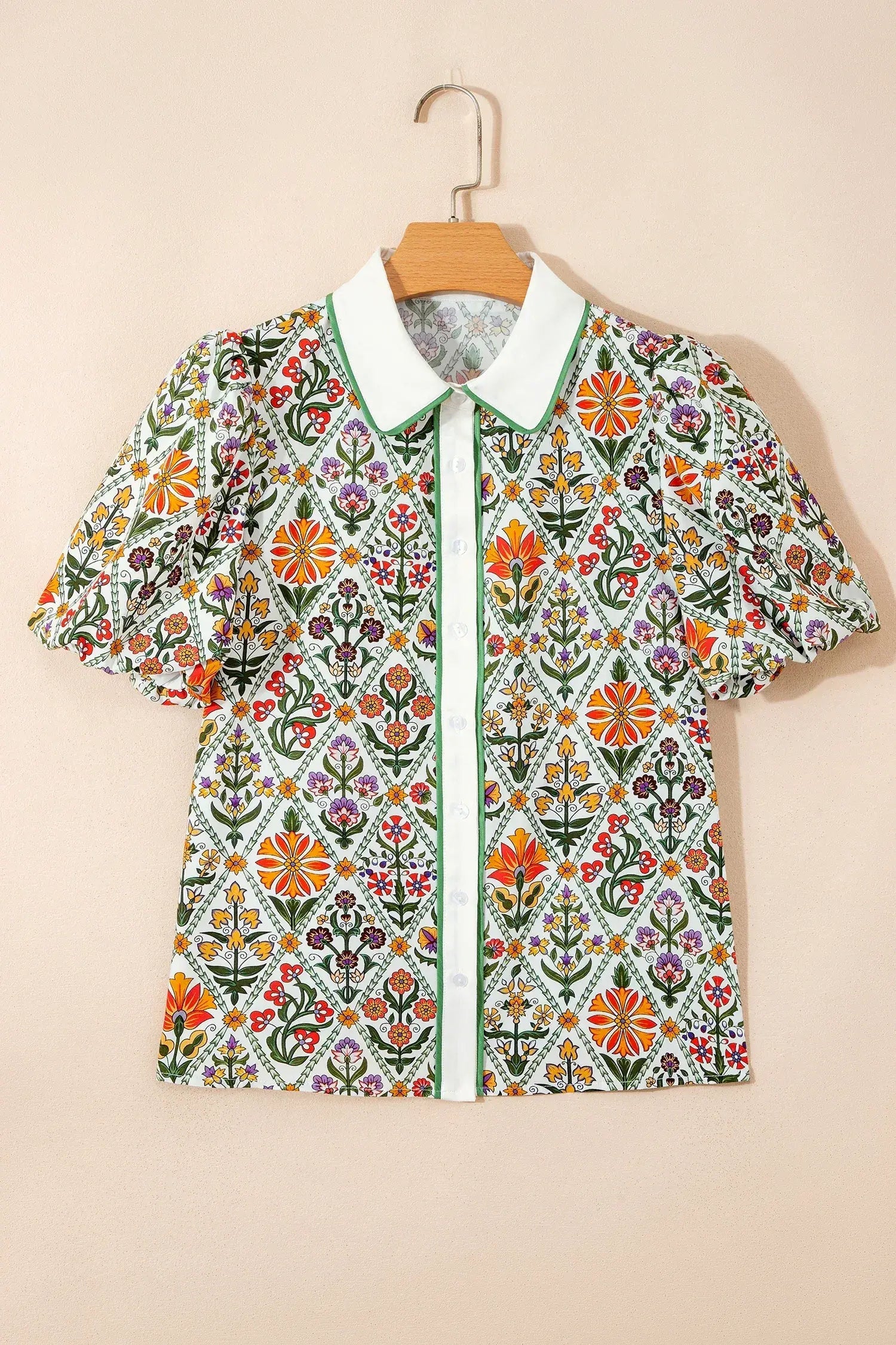 Green Short Bubble Sleeve Floral Shirt