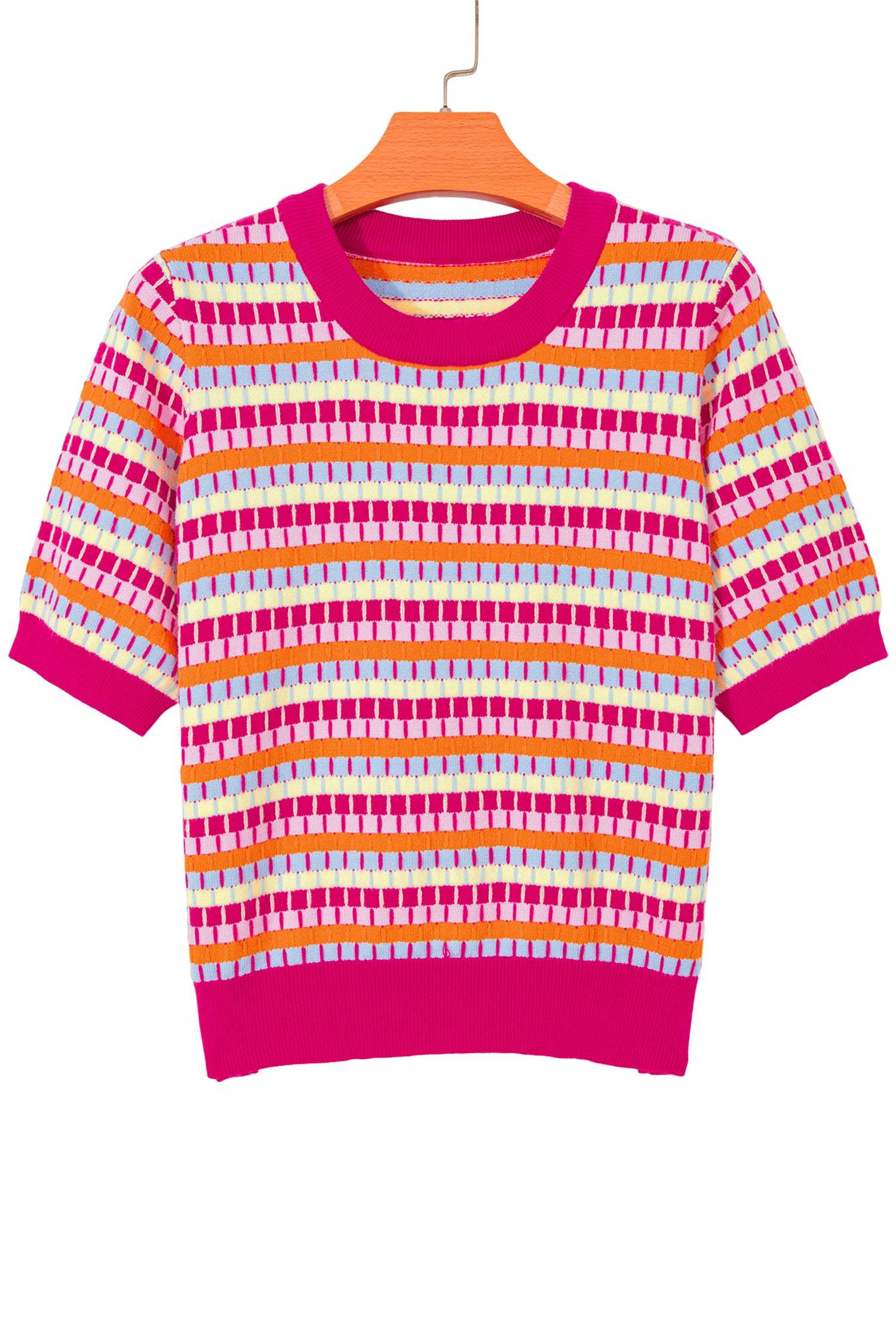 Orange Abstract Striped Knit Short Sleeve Sweater