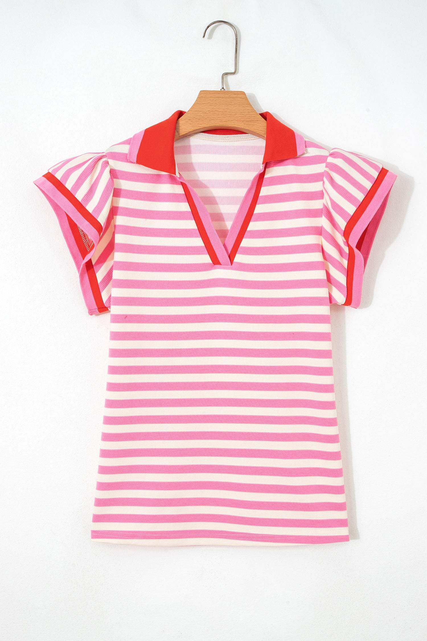 Rose Stripe Contrast Trim Polo Collar Ruffled Short Sleeve Blouse