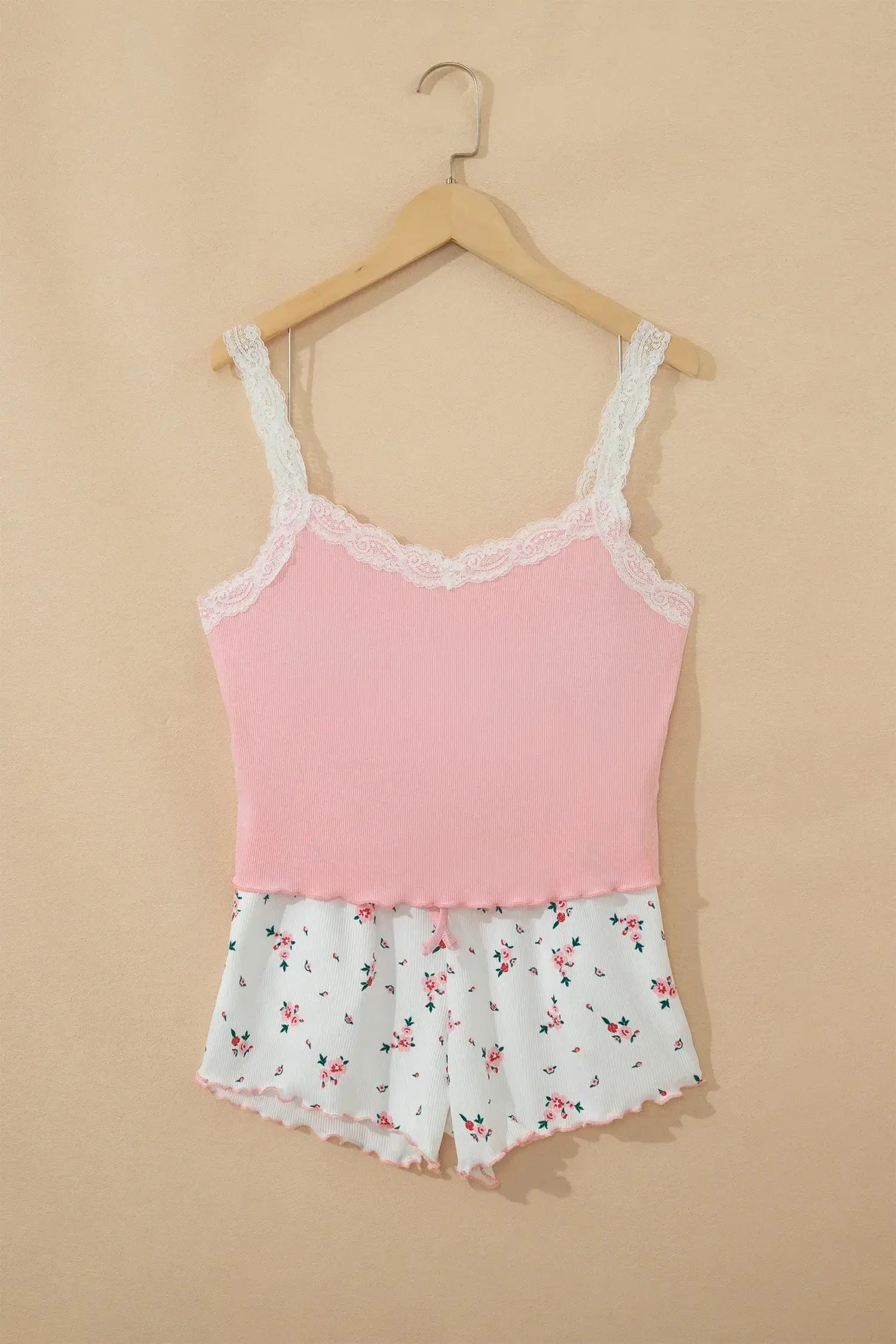Pink Ribbed Knit Lace Straps Patchwork Lettuce Hem Cropped Top Floral Short Lounge Set