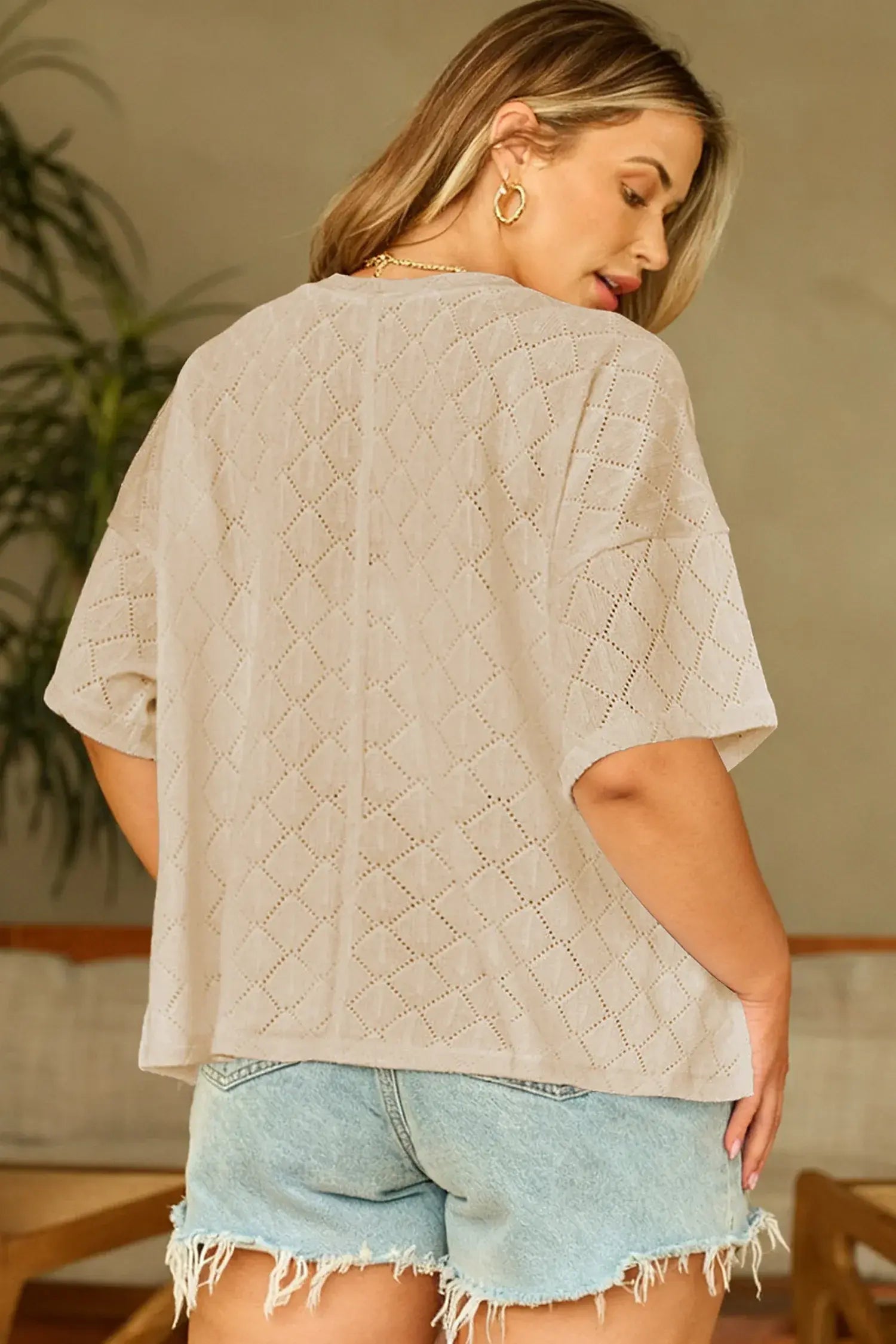 Black Pointelle Rhombus Knit Plus Size V Neck Loose Top