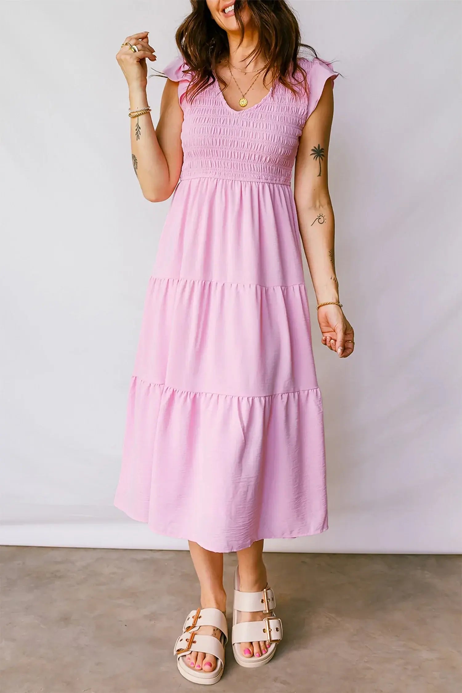 Pink Smocked Bodice Flutter Sleeve Fit Flare Tiered Midi Dress