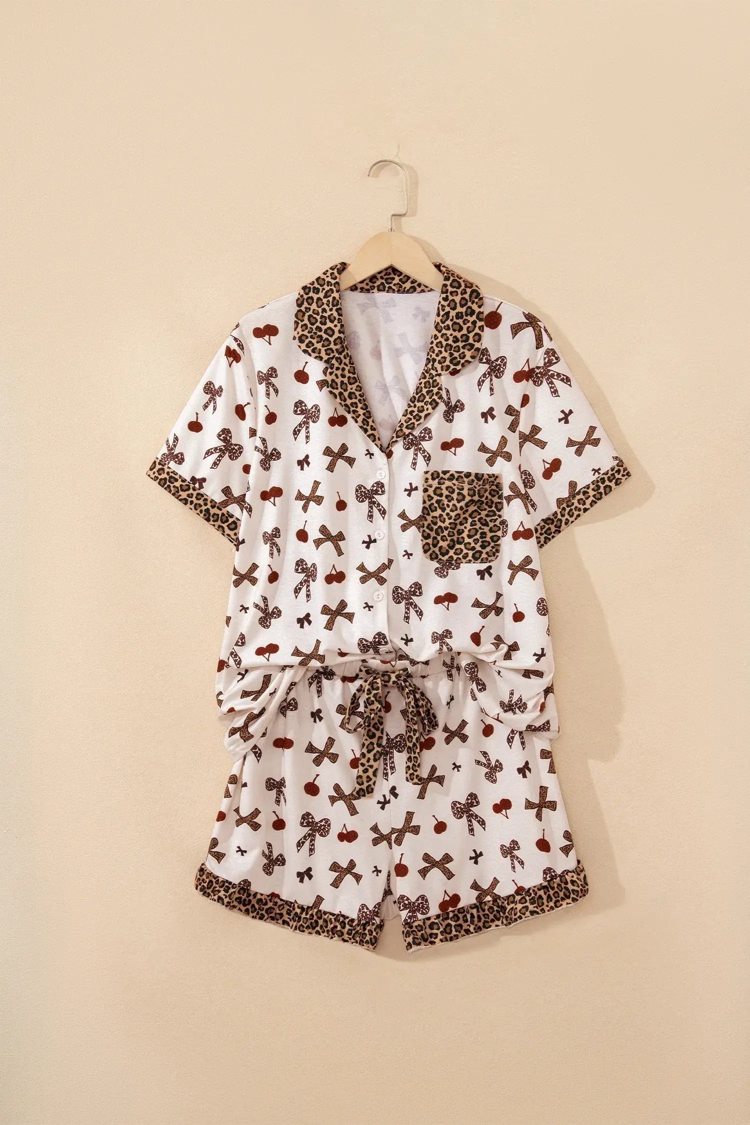 White Chic Bow Cherry Printed Leopard Contrast Patchwork Shirt Drawstring Shorts 2pcs PJ Set