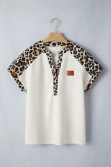 Beige Leopard Patchwork Half Button Short Sleeve Top