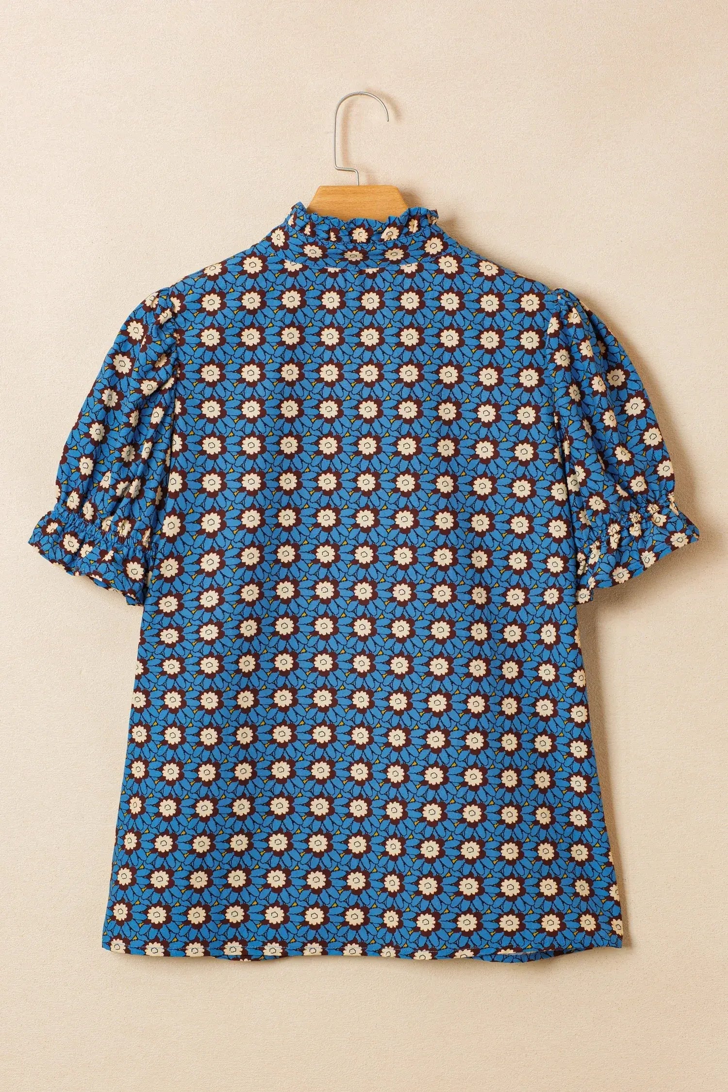 Sky Blue Retro Floral Print V Neck Pleated Detail Short Puff Sleeve Blouse