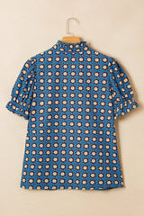 Sky Blue Retro Floral Print V Neck Pleated Detail Short Puff Sleeve Blouse