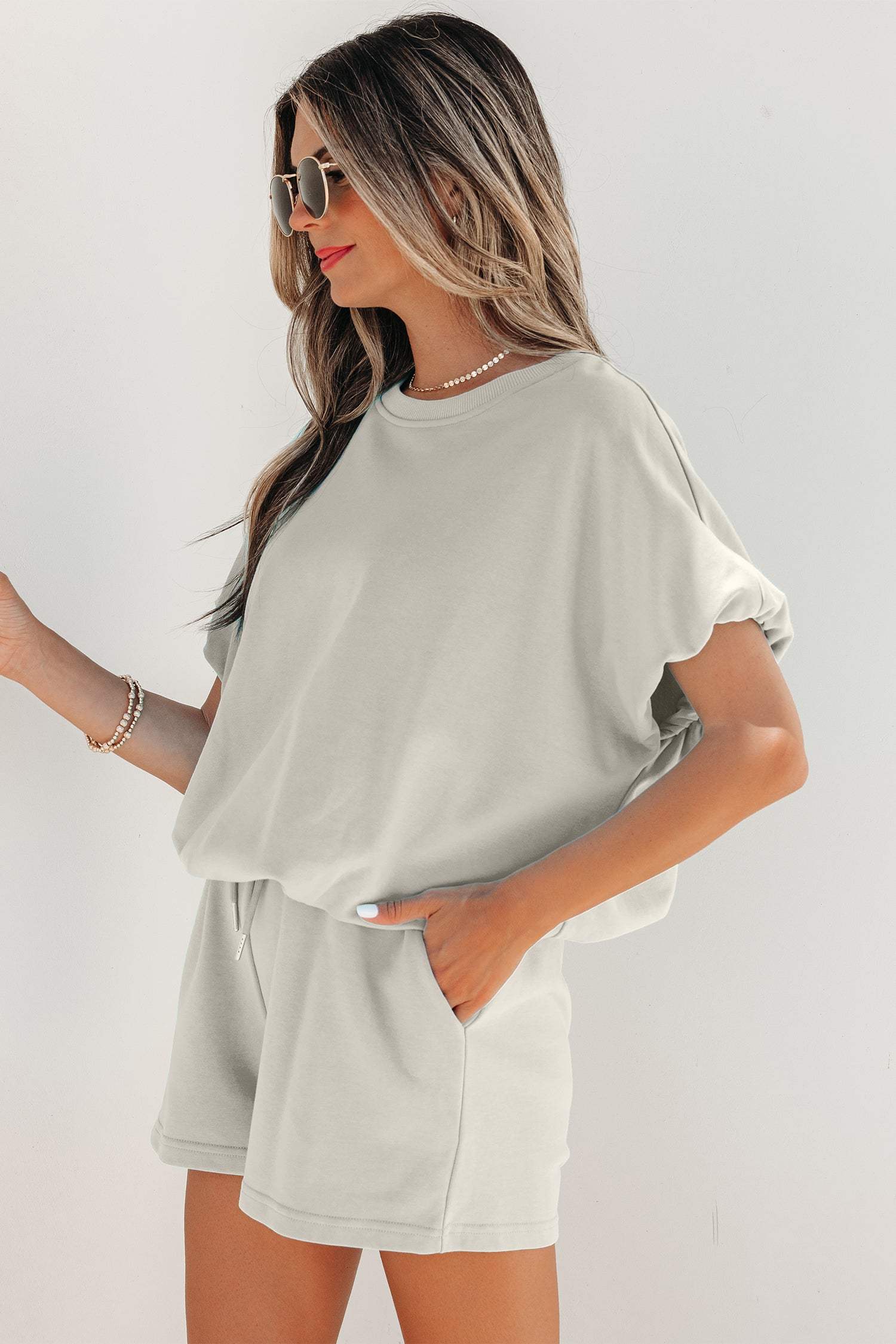 Smoke Gray Solid Color Puffy Loose Top Drawstring Shorts 2pcs Outfit