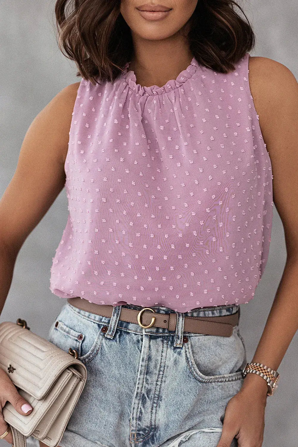 Pink Swiss Dot Sleeveless Ruffle Tank
