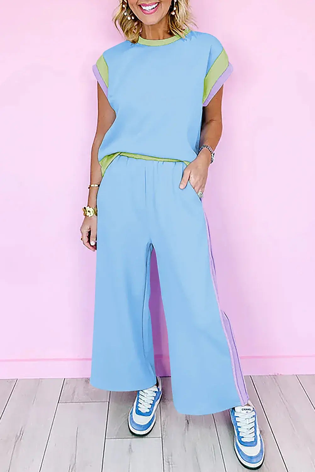 Dark Green Color Block Detail Casual Two-piece Set