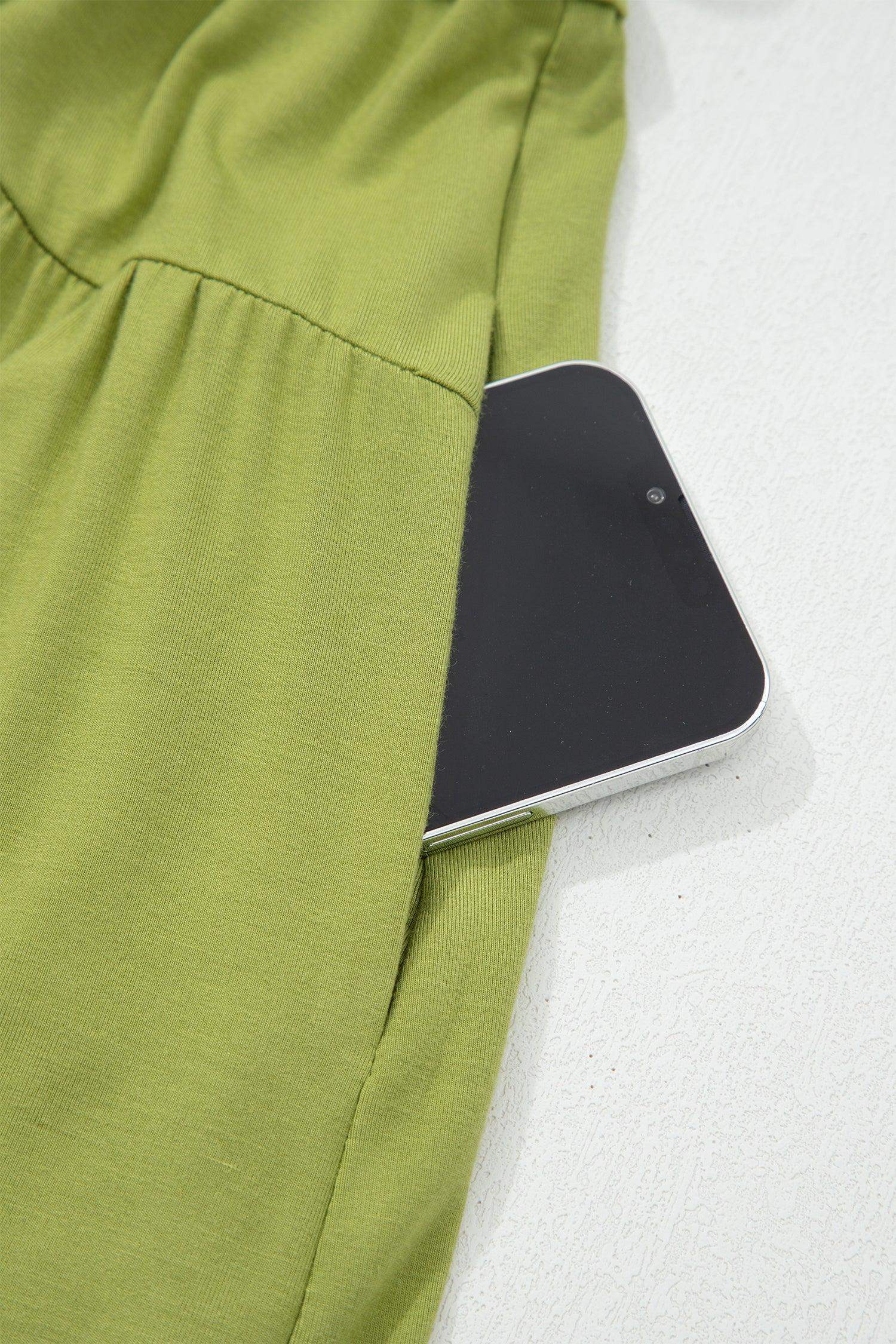 Fern Green Solid V Neck Cap Sleeve Tunic Elastic Waist Versatile Maxi Dress