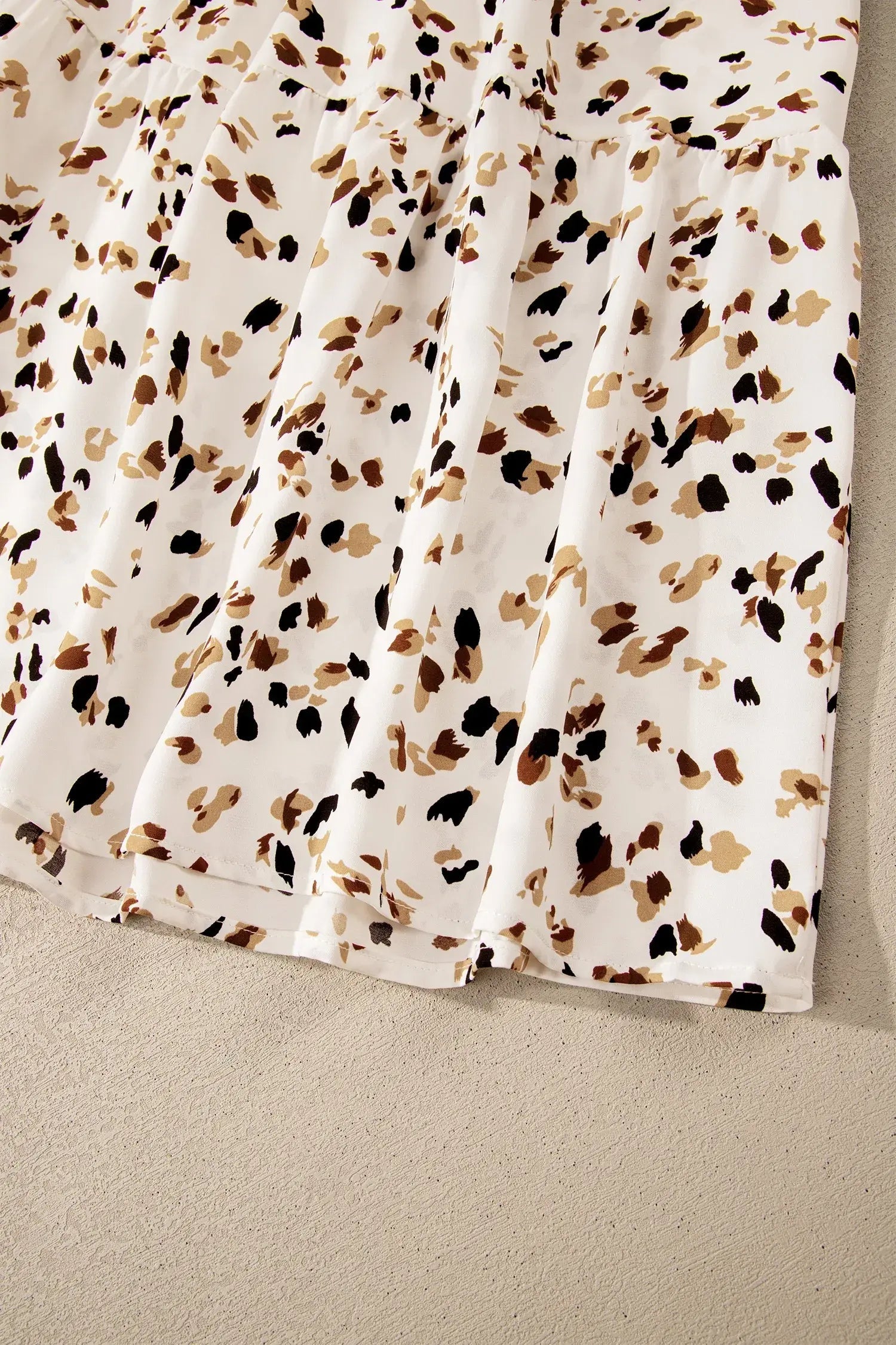 Beige Ditsy Floral Print Smocked Square Neck Ruffle Short Sleeve Dress