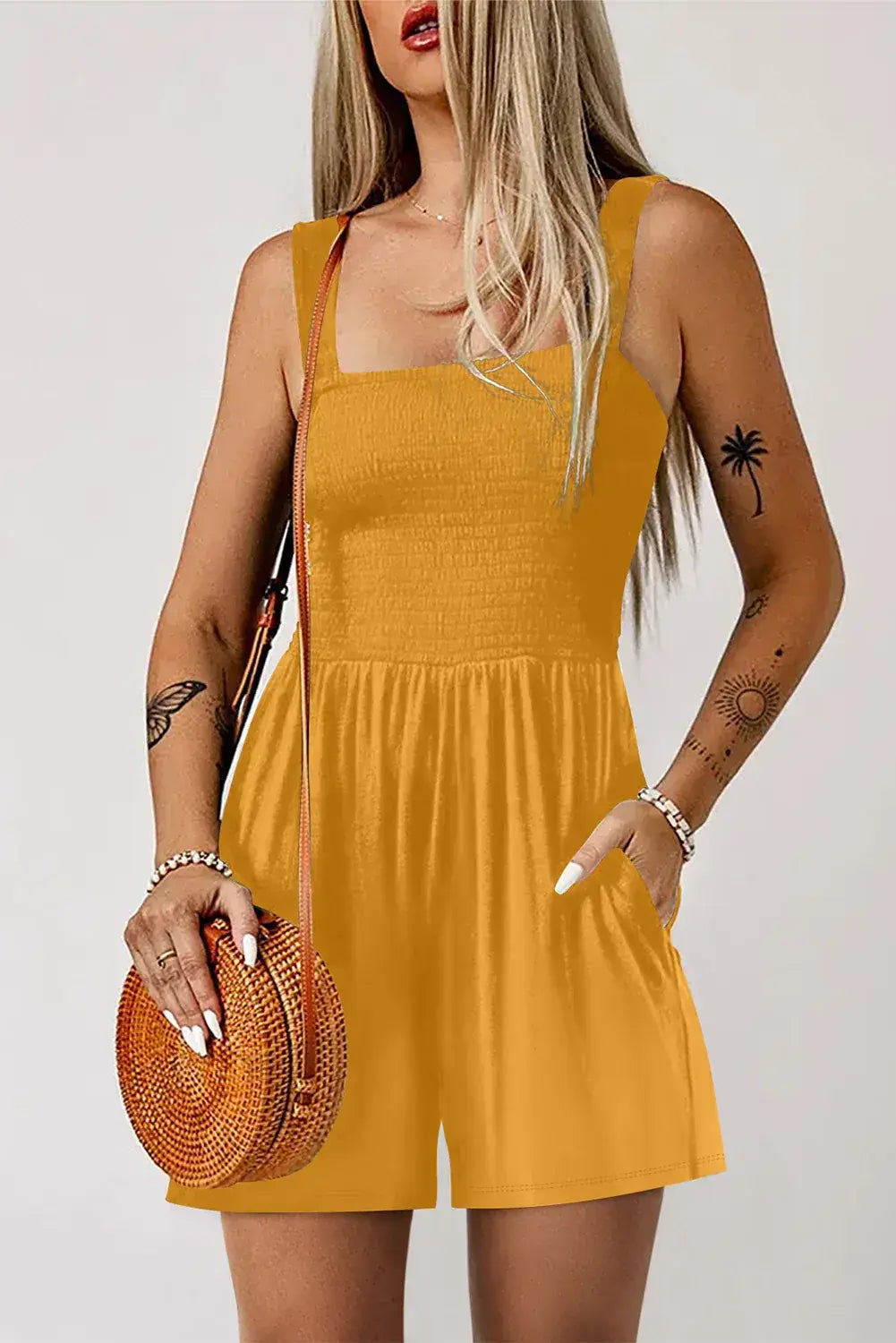 Ginger Casual Pocketed Smocked Sleeveless Romper