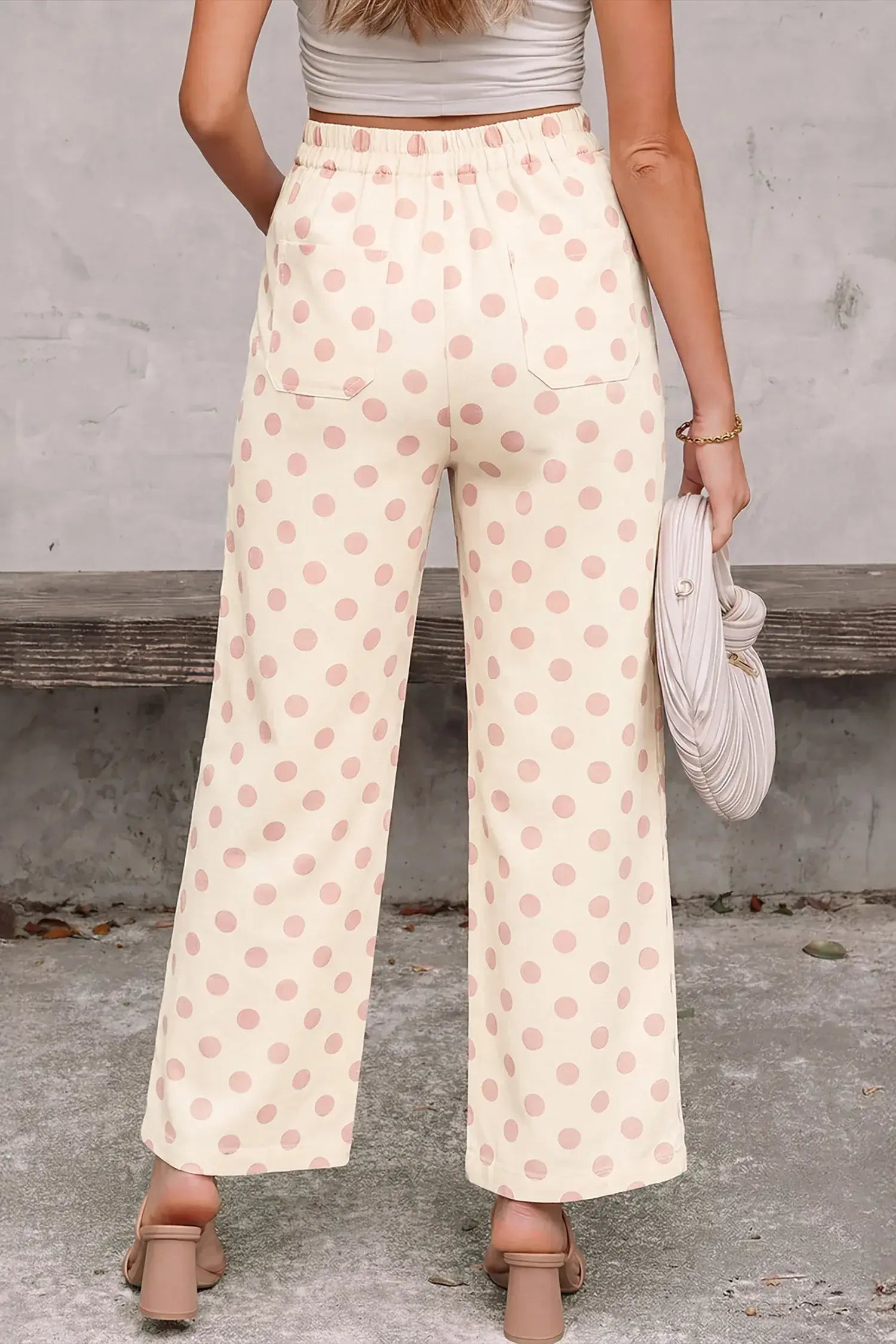 Black Polka Dot Print Patched Pocket Mid-rise Straight Leg Pants