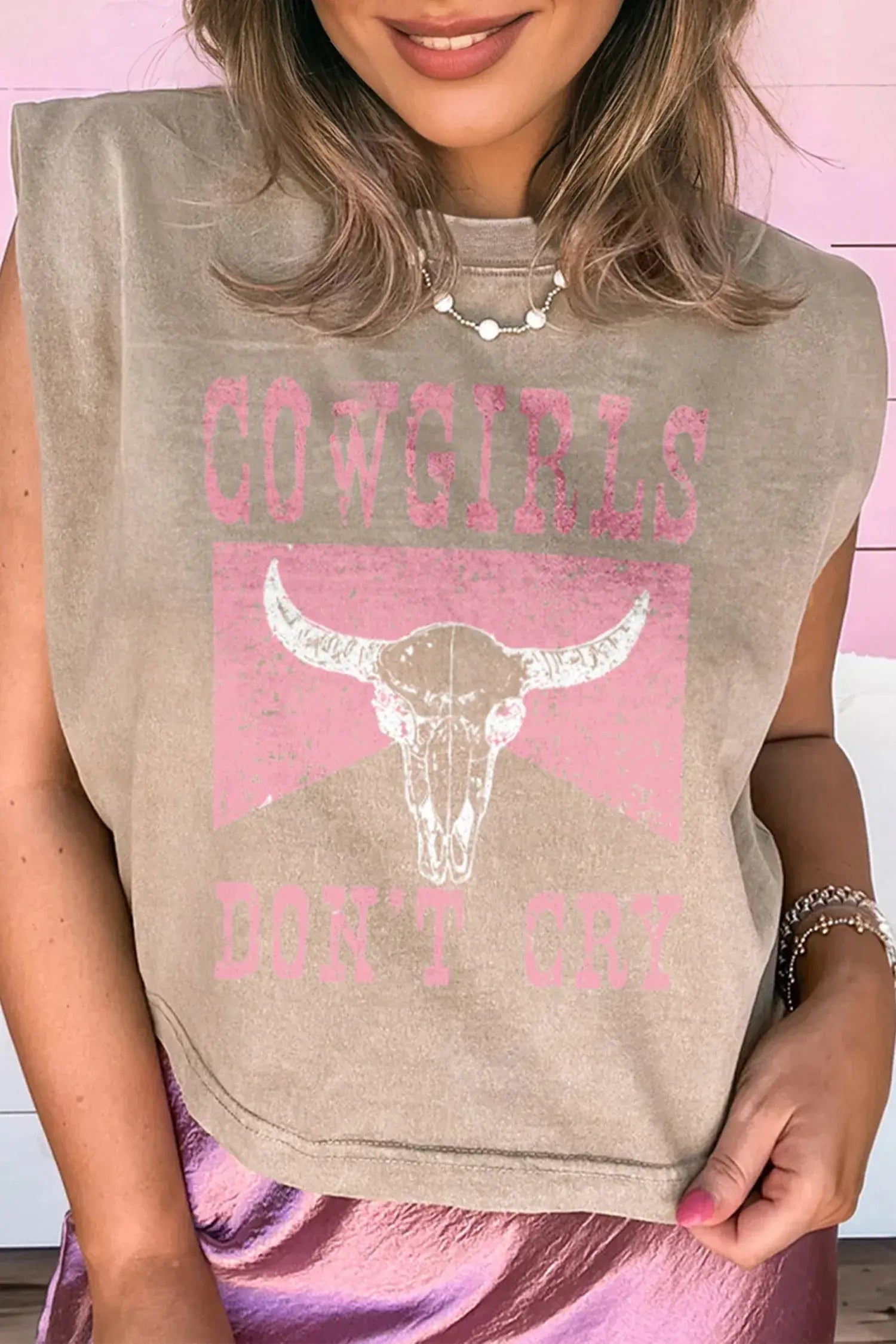 Smoke Gray COWGIRLS DONT CRY Western Graphic Mineral Wash Tank Top