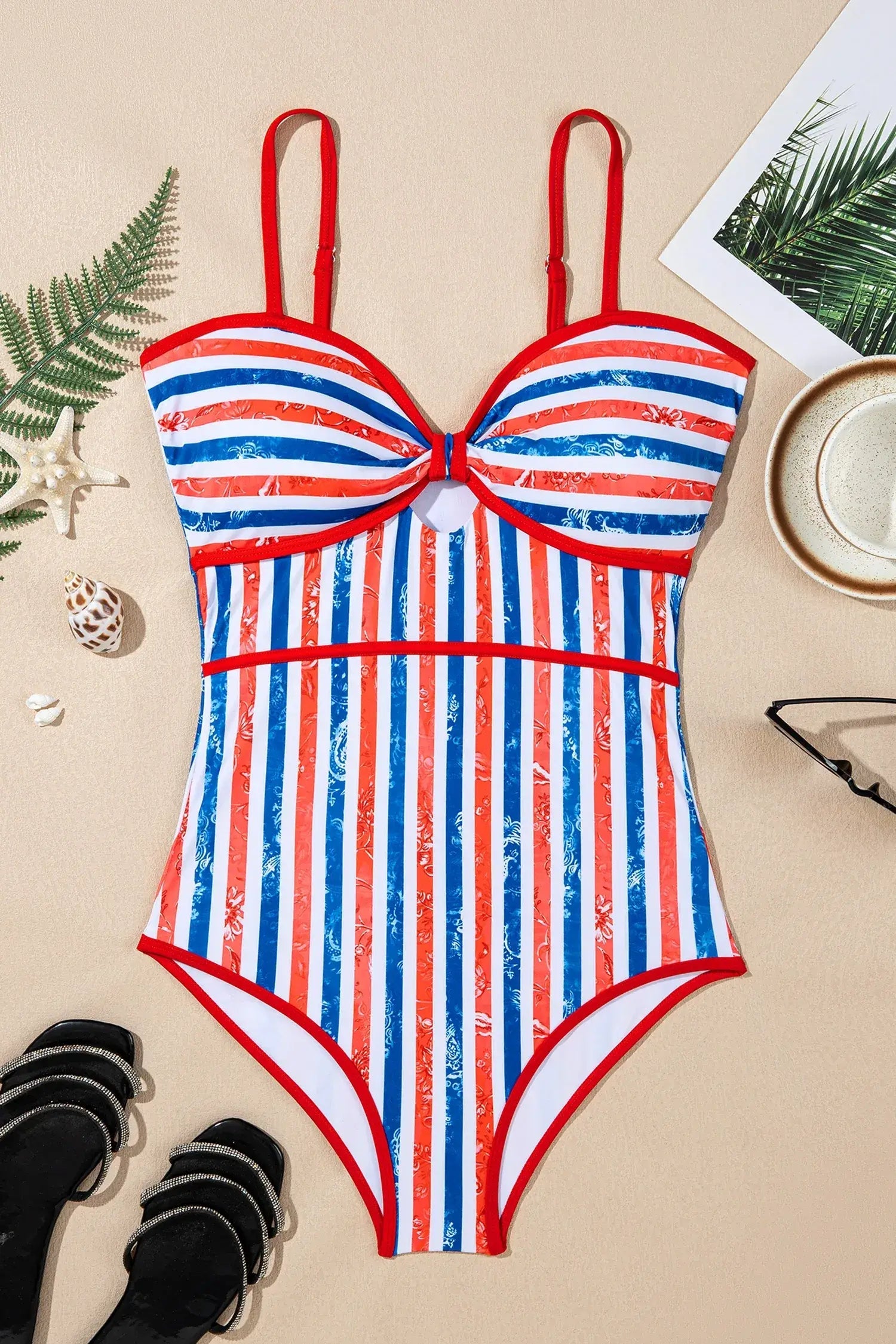 Red July 4th Stripes Star Floral Impression Cutout Spaghetti Straps One Piece Swimsuit