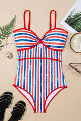 Red July 4th Stripes Star Floral Impression Cutout Spaghetti Straps One Piece Swimsuit