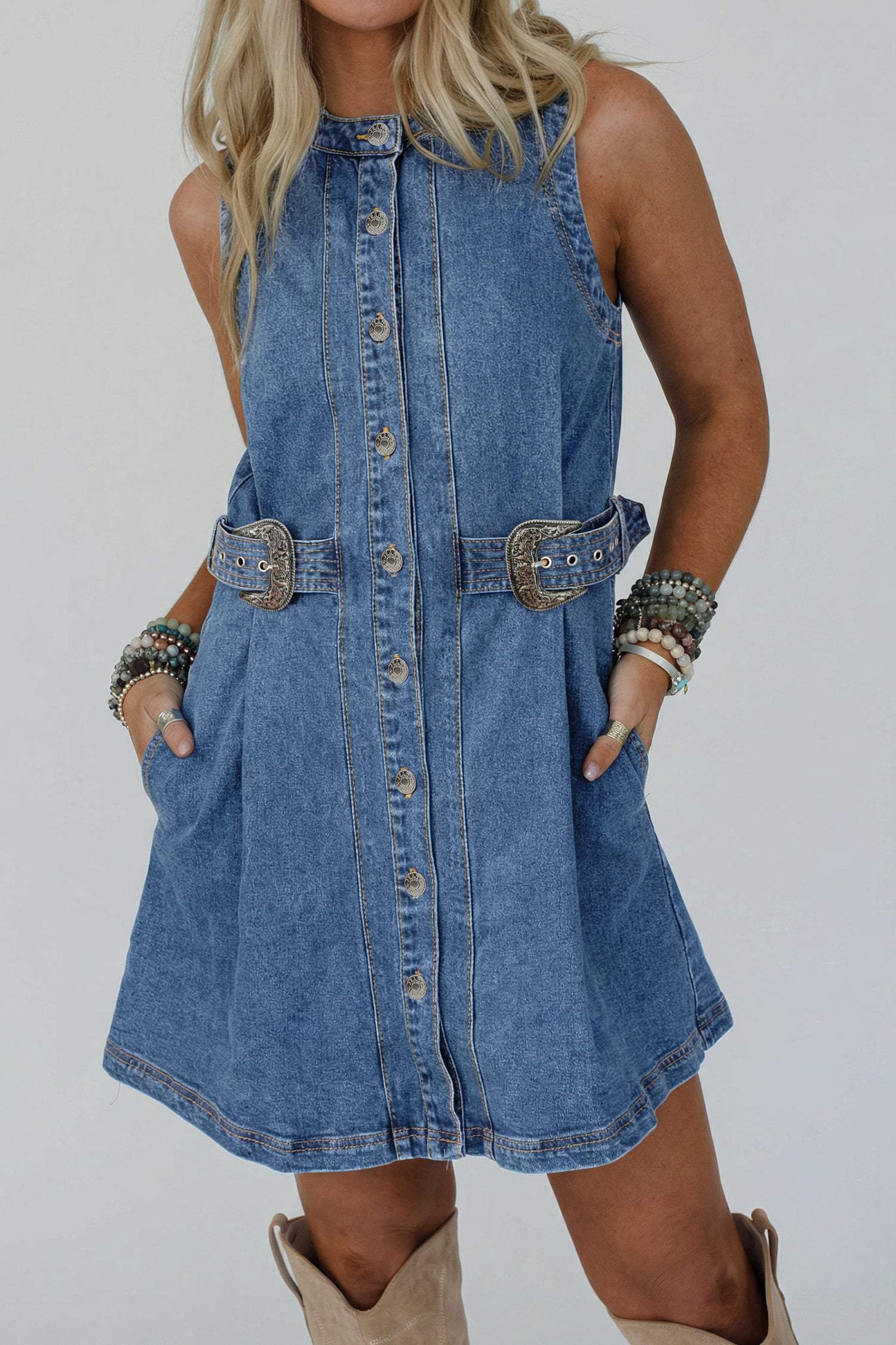 Myosotis Western Belt Button Down Sleeveless Denim Short Dress