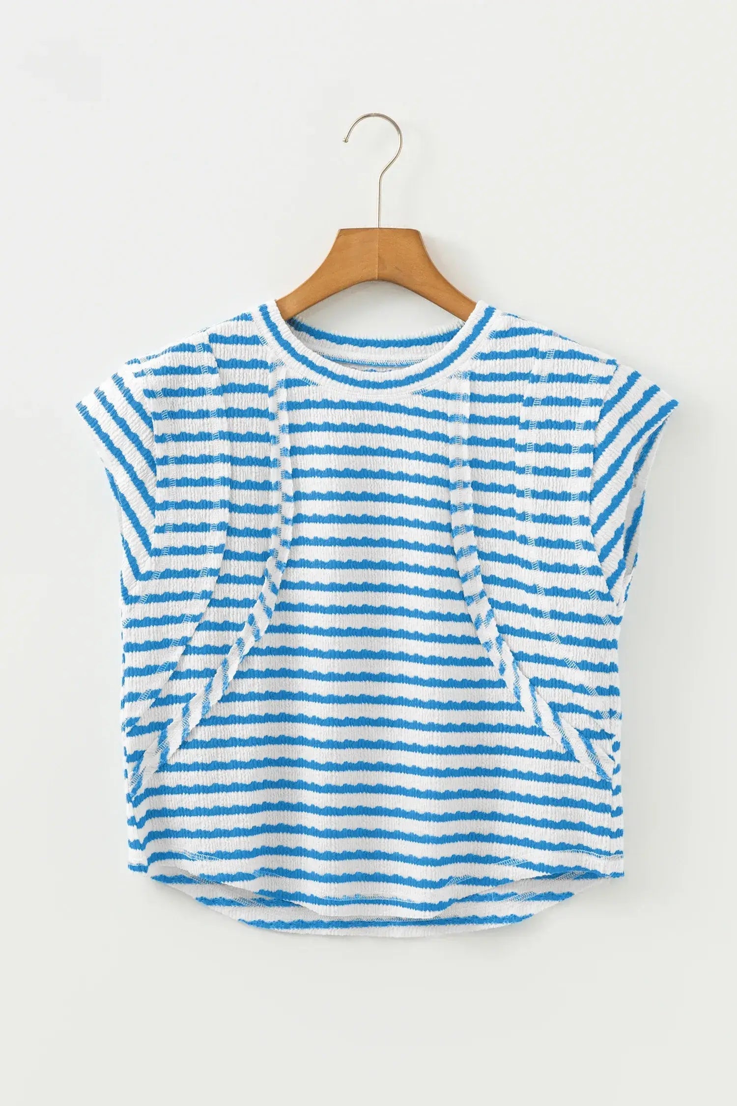 Blue Stripe Textured Short Sleeve Patchwork T Shirt