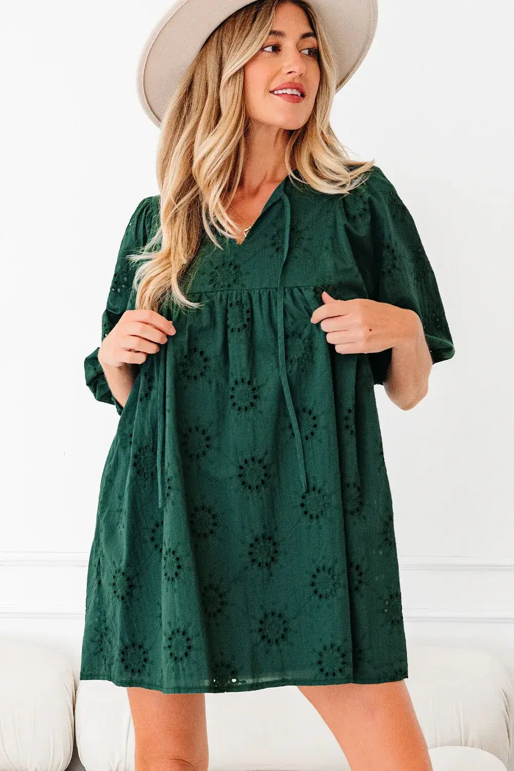 Blackish Green Embroidered Eyelet Pattern 3/4 Puffy Sleeve Swing Mini Dress