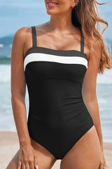 Black Color Block Detail Adjustable Straps One Piece Swimsuit