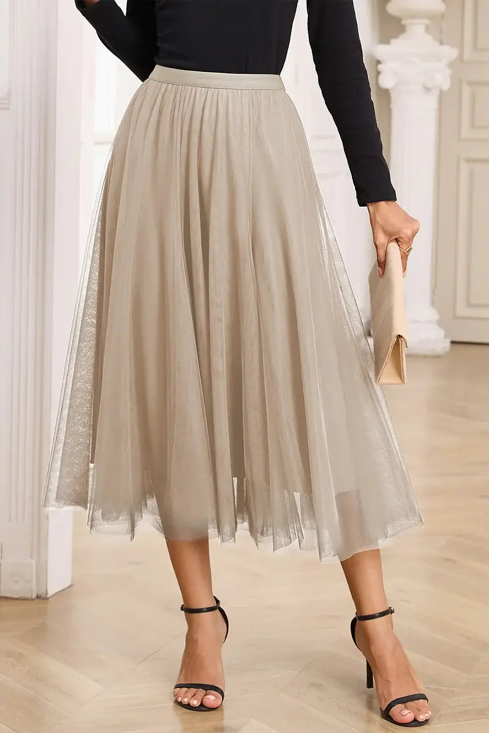 Apricot Tulle Mesh Overlay Flared Midi Skirt