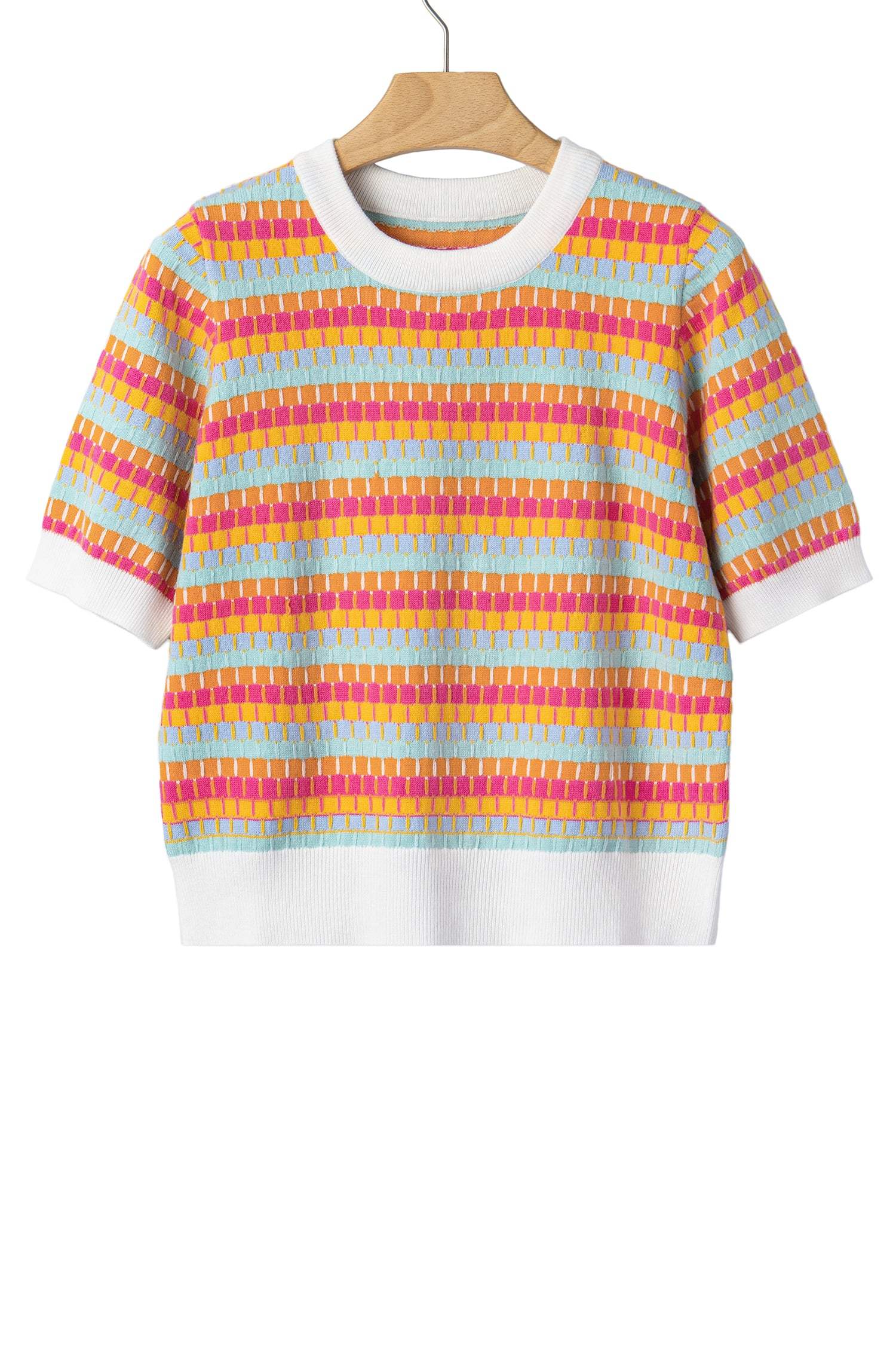 Orange Abstract Striped Knit Short Sleeve Sweater