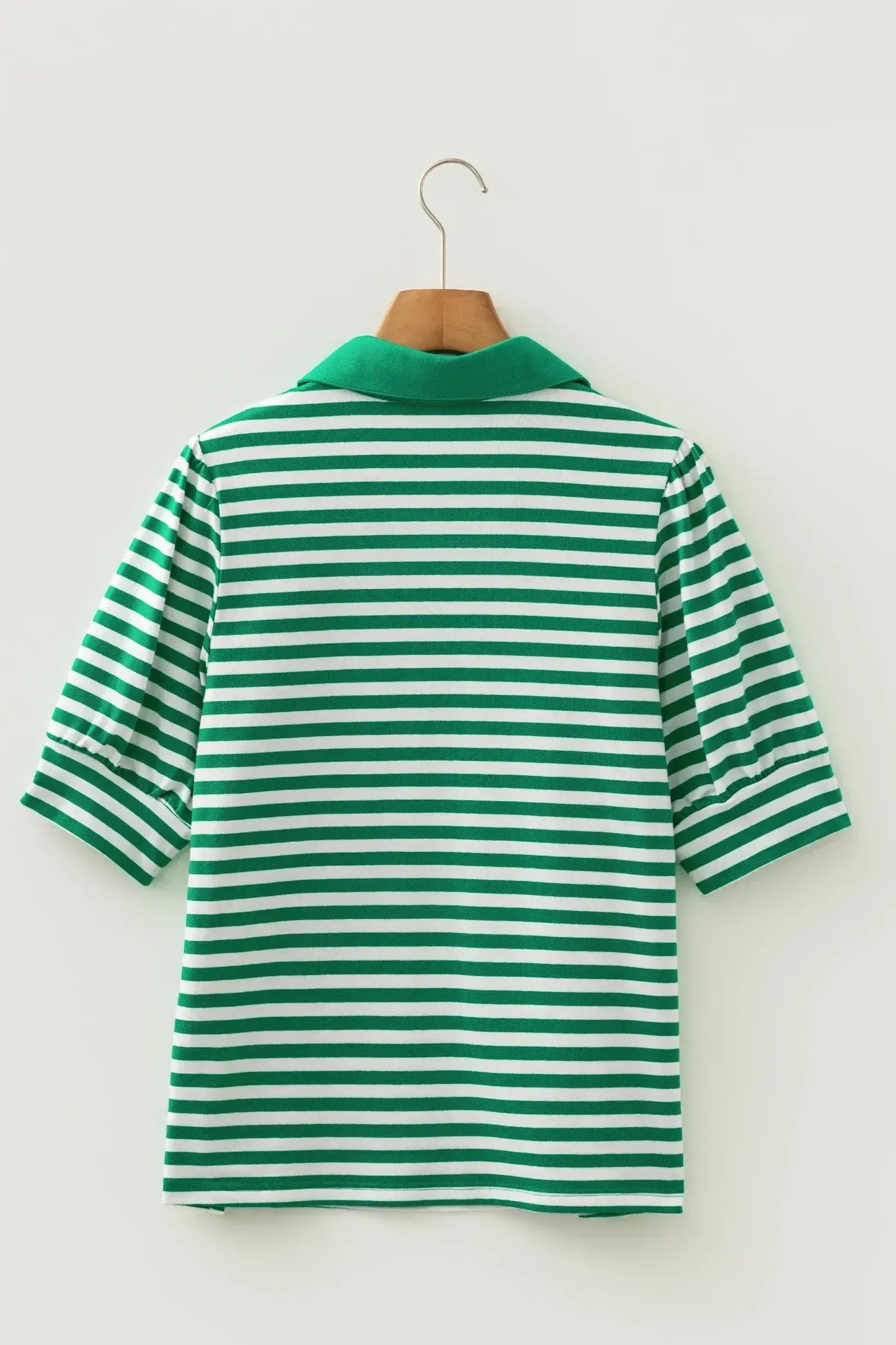Green Stripe Collared V Neck Short Puff Sleeve Top
