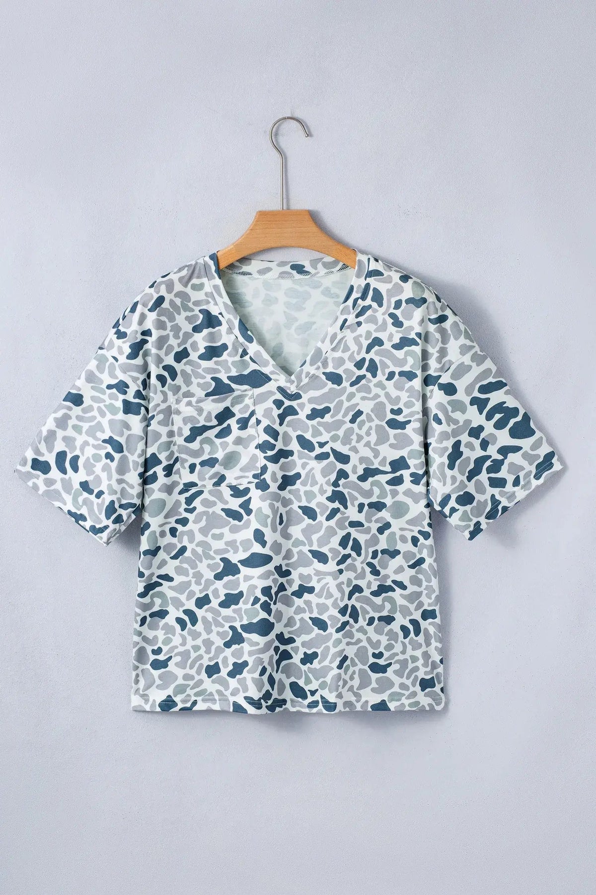 Gray Camouflage Print Single Chest Pocket V Neck Tee