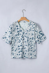 Gray Camouflage Print Single Chest Pocket V Neck Tee