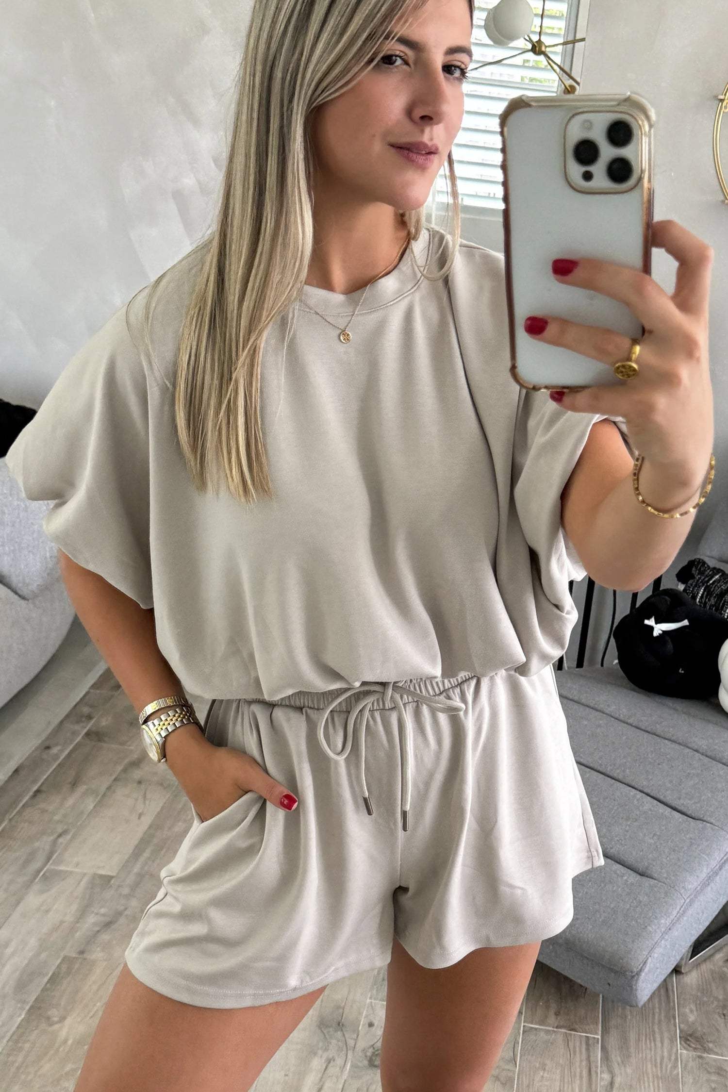 Smoke Gray Solid Color Puffy Loose Top Drawstring Shorts 2pcs Outfit