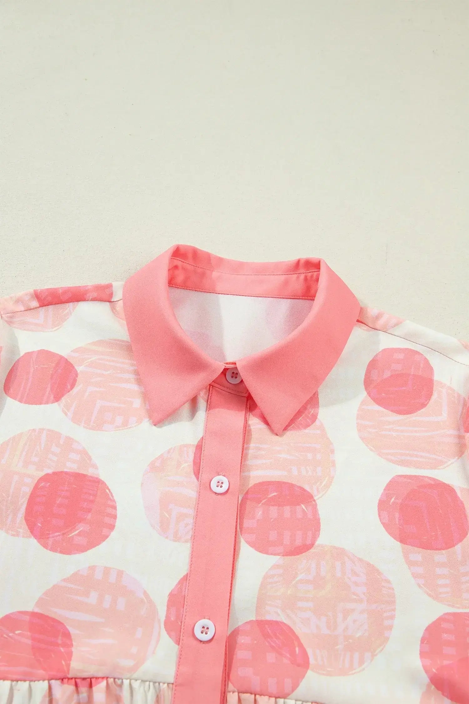 Pink Double Polka Dot Printed Ruffle Trim Short Sleeve Babydoll Shirt