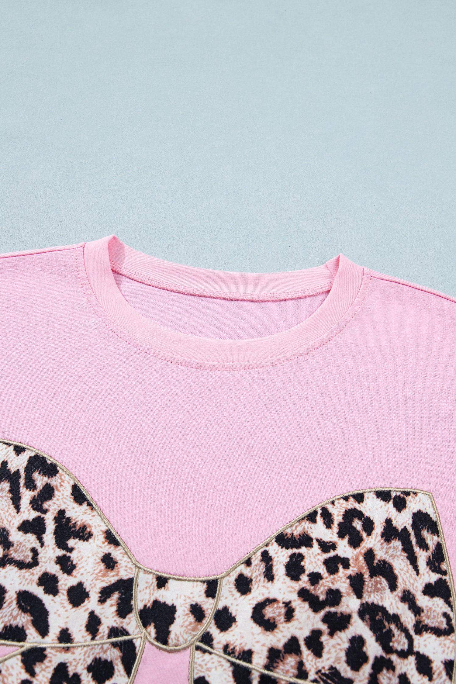 Black Leopard Bow Embroidered Cotton Round Neck T Shirt