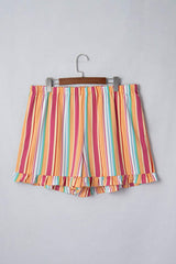 Orange Stripe Plus Size Elastic Waist Ruffle Hem Shorts