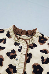 Khaki Plus Size Leopard Print Frilled Color Block Trim Button Down Short Sleeve Blouse